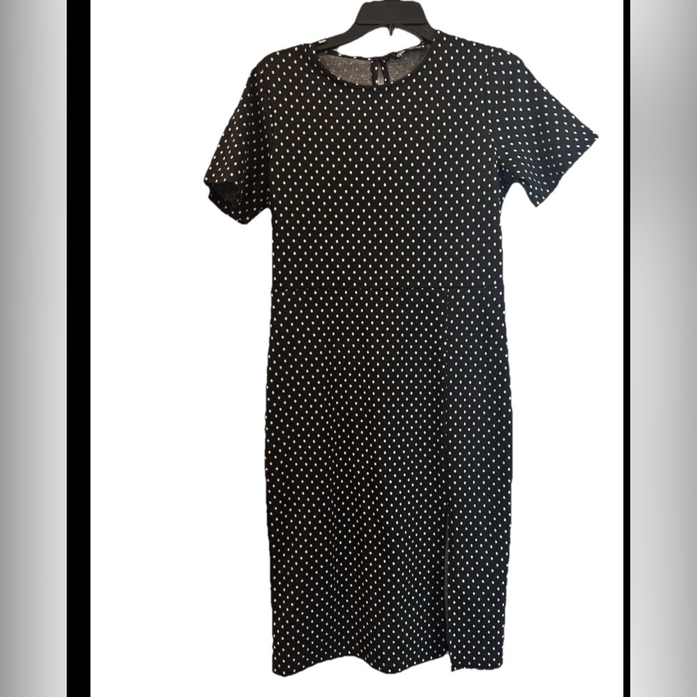 Zara Womens Large Black White Polka Dot Sheath Midi Dress Short Sleeve With Slit